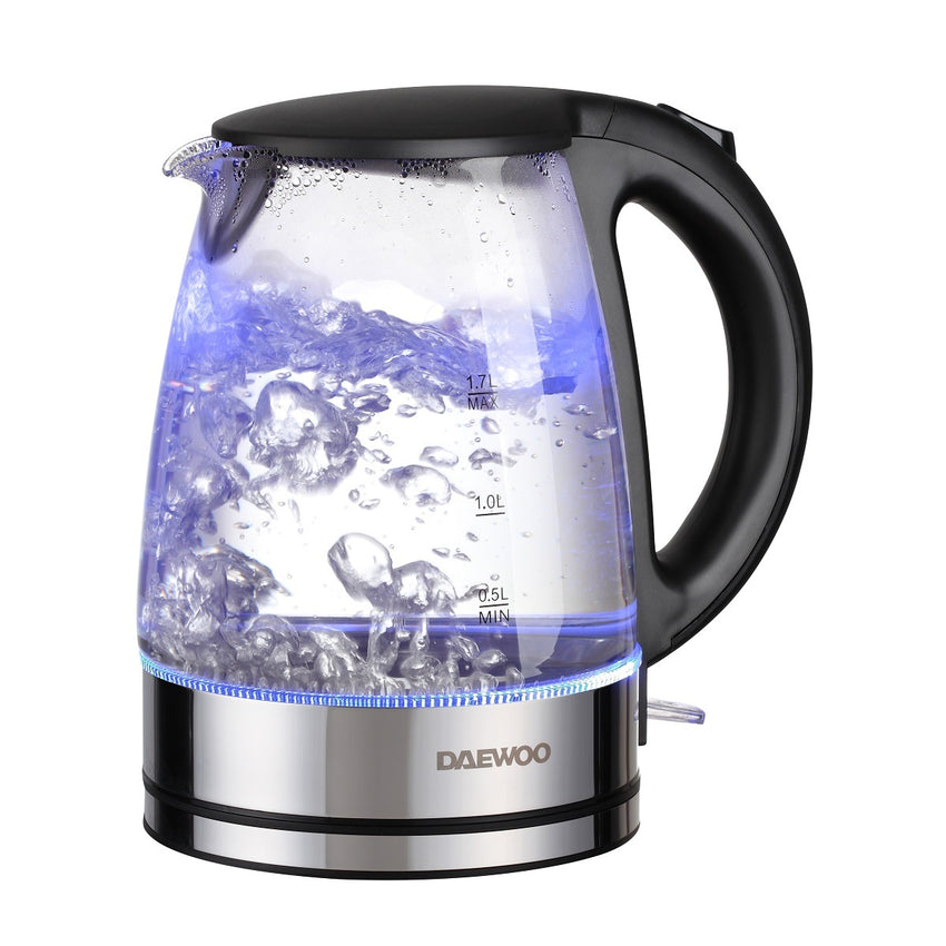 Daewoo 1.7L Glass Kettle 2200W Blue Illumination Jug with Swivel Base & Flip Top Lid