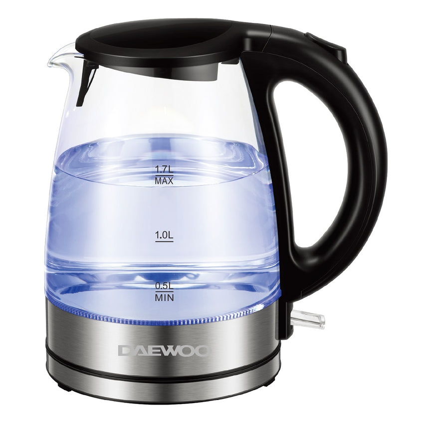 Daewoo 1.7L Glass Kettle 2200W Blue Illumination Jug with Swivel Base & Flip Top Lid