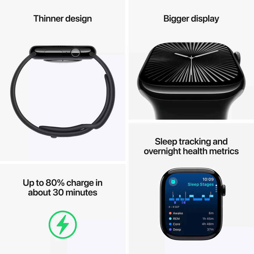 Apple Watch Series 10 GPS 46mm Jet Black Aluminium Case with Black Sport Band - S/M