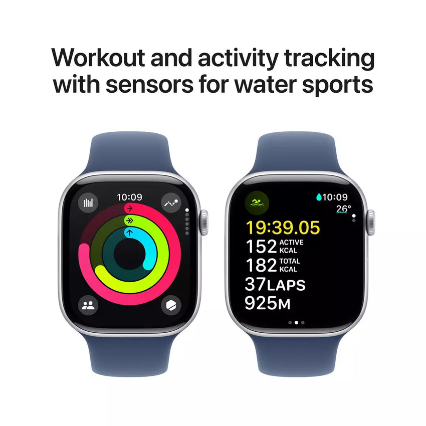 Apple Watch Series 10 GPS + Cellular 46mm Silver Aluminium Case with Denim Sport Band - S/M