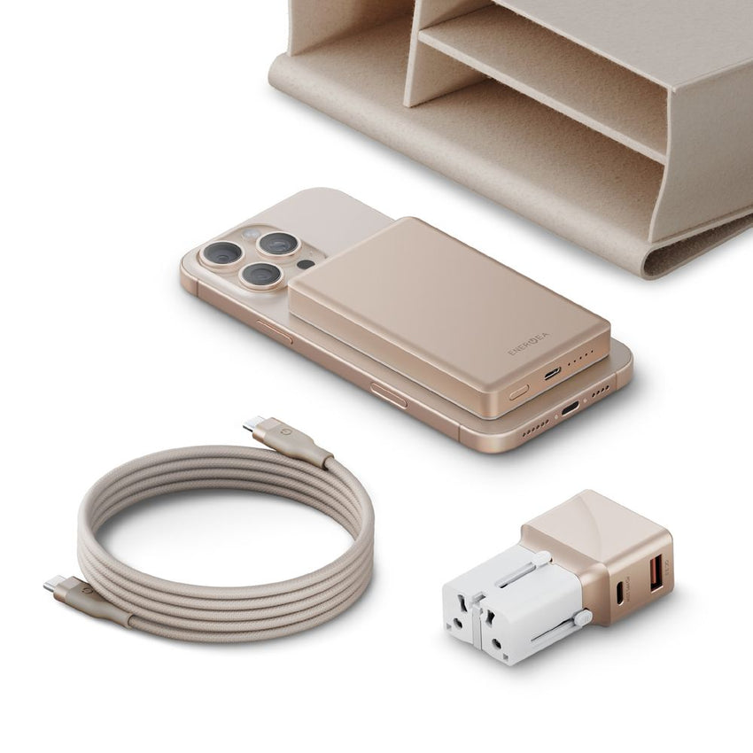 ENERGEA VOYAGER KIT, TRAVELWORLD ADAPTER 25 (GOLD) + ALUPAC 10K (GOLD) + HELIX 1.5M (GOLD)+ BEIGE POUCH