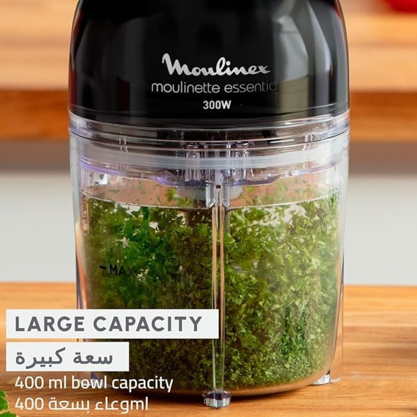 MOULINEX 300W Electric Food Chopper, 0.4L/400ML Mini Food Processor with 4 Stainless Steel Blades & Bowl Attachment, for Chopping, Grinding, Slicing (Model DJ520827)