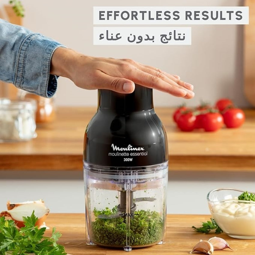 MOULINEX 300W Electric Food Chopper, 0.4L/400ML Mini Food Processor with 4 Stainless Steel Blades & Bowl Attachment, for Chopping, Grinding, Slicing (Model DJ520827)