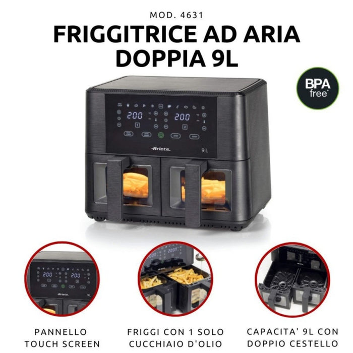 Ariete Dual Air Fryer 9L 2400W Black High-Power Cooking with Dual Capacity