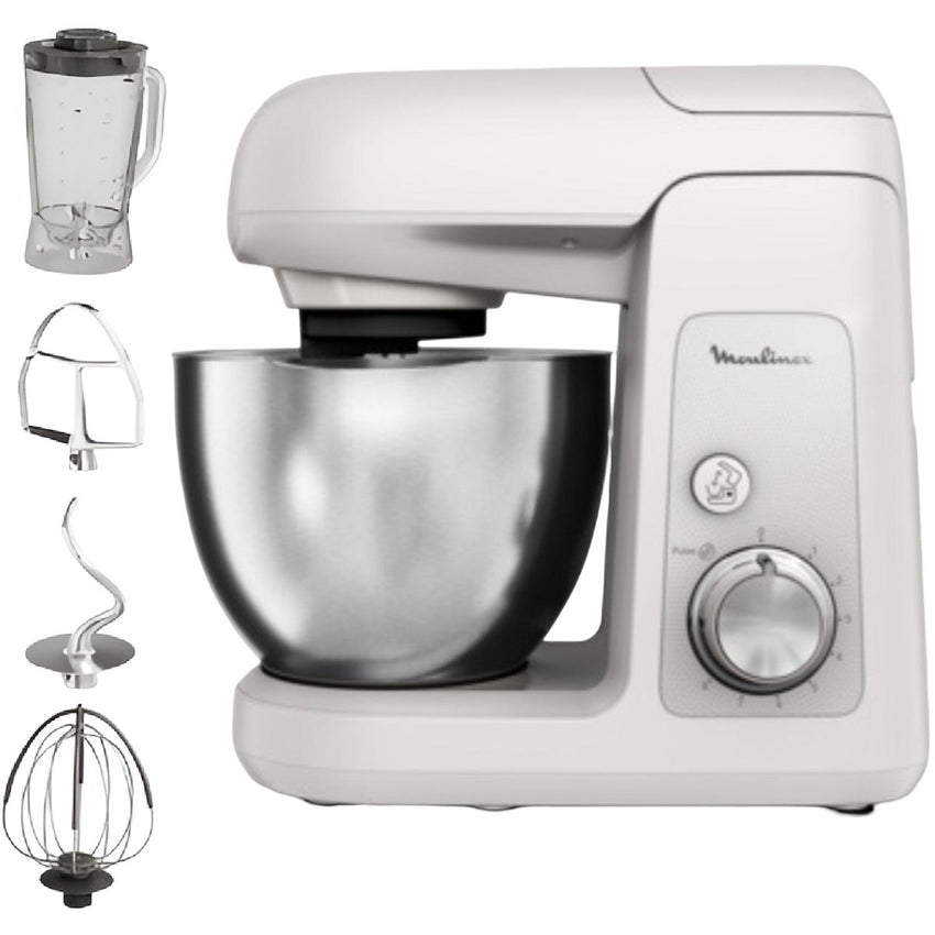 MOULINEX QA521B27 8-Speed Stand Mixer - 1100W Heavy-Duty Kitchen Machine with 4 Attachments (Dough Hook, Beater, Whisk)