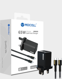 MOCOLL 65W GaN Fast Charging Adapter Set – UK Plug, USB-C PD 3.0, Includes Cable & Storage Bag, Compact Travel Charger for Laptops, Tablets, and Smartphones- Black