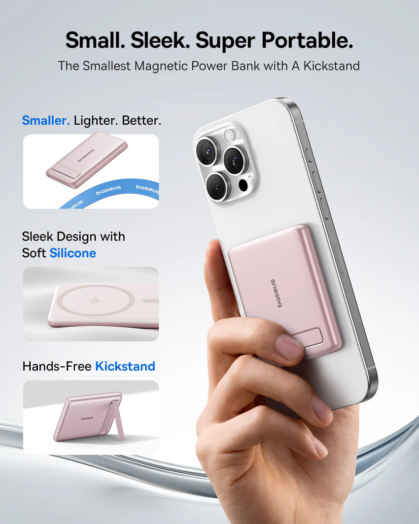 Baseus PicoGo AM31 Qi2 Ultra-Mini Magnetic Power Bank with Kickstand 5000mAh 20W - Nebula Pink