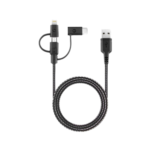 ENERGEA NYLOFLEX 3-IN-1 MICROUSB + LIGHTNING MFI (C89) + USB-C  CHARGE & SYNC CABLE, 1.5M BLACK