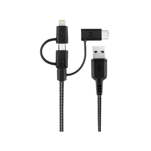 ENERGEA NYLOFLEX 3-IN-1 MICROUSB + LIGHTNING MFI (C89) + USB-C  CHARGE & SYNC CABLE, 1.5M BLACK