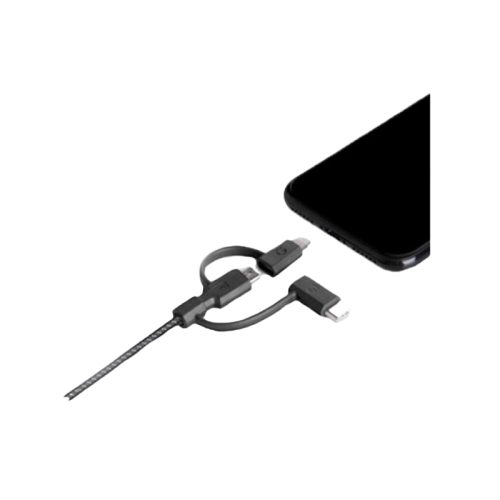 ENERGEA NYLOFLEX 3-IN-1 MICROUSB + LIGHTNING MFI (C89) + USB-C  CHARGE & SYNC CABLE, 1.5M BLACK