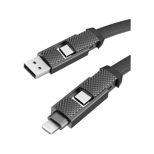 BAZIC GOCHARGE ALUCABLE, 4 IN 1 ALUMINIUM CHARGING CABLE WITH USB A/C INPUT AND USB C/LIGHTNING OUTPUT. PD FAST CHARGE 1M - BLACK