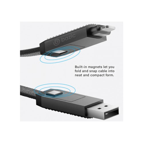 BAZIC GOCHARGE ALUCABLE, 4 IN 1 ALUMINIUM CHARGING CABLE WITH USB A/C INPUT AND USB C/LIGHTNING OUTPUT. PD FAST CHARGE 1M - BLACK