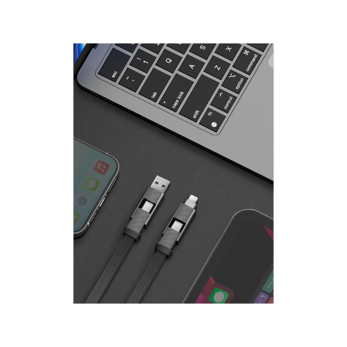 BAZIC GOCHARGE ALUCABLE, 4 IN 1 ALUMINIUM CHARGING CABLE WITH USB A/C INPUT AND USB C/LIGHTNING OUTPUT. PD FAST CHARGE 1M - BLACK