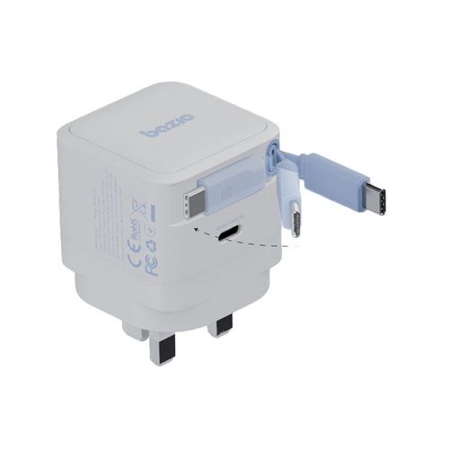 BAZIC GOPORT RETREK 35W, USB-C GaN WALL CHARGER (UK) WITH 70CM BUILT-IN CABLE - WHITE