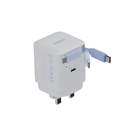 BAZIC GOPORT RETREK 65W, USB-C GaN WALL CHARGER (UK) WITH 70CM BUILT-IN CABLE - WHITE
