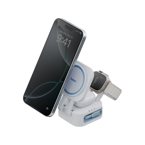 BAZIC GOMAG STATION MINI 3IN1 FOLDABLE WIRELESS  CHARGING STATION WITH 80CM RETRACTABLE CABLE & APPLE WATCH CHARGER -WHITE