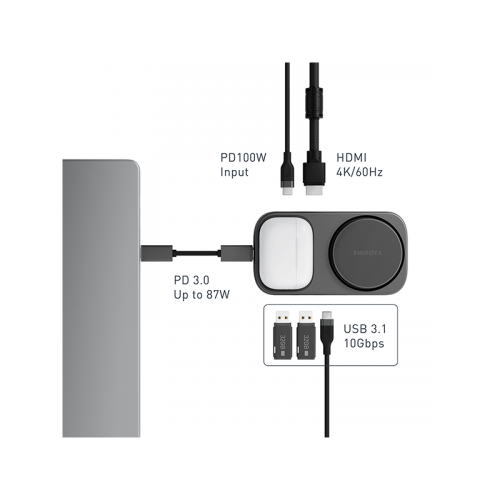 ENERGEA WIDOCK PLUS, 7 IN 1  USB-C 3.1 DOCK WITH QI2 CHARGING - GUNMETAL