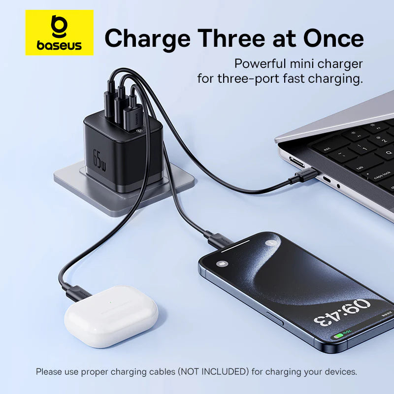 Baseus Palm Fast Charger 2C+U 65W - Cluster Black
(with Baseus Cable USB-C to USB-C 100W)