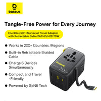Baseus EnerCore CG11 6-in-1 Universal Travel Adapter with Retractable Cable 70W - Cosmic Black