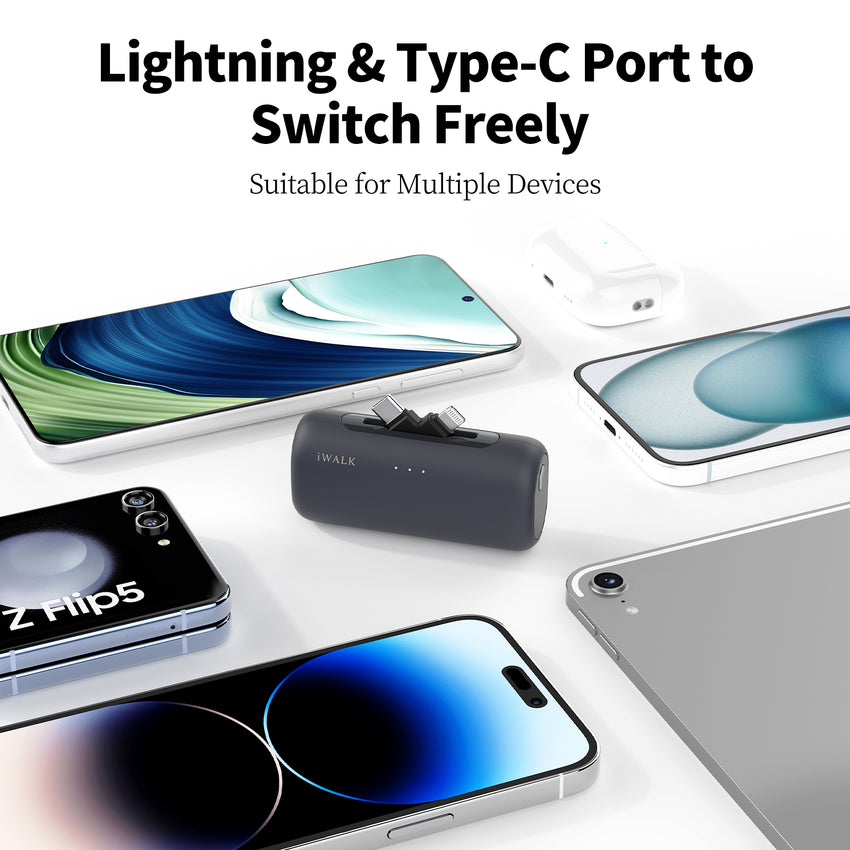 IWALK Portable Charger for iPhone with 2-in-1 Connector,5000mAh Small Power Bank, Fast Charging Compatible with iPhone 16/15/14/13/12/11 Series,Samsung S24/23,Android,Black