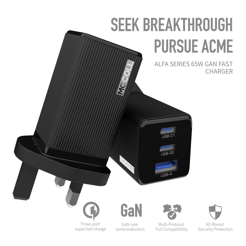 MOCOLL 65W GaN Fast Charging Adapter Set – UK Plug, USB-C PD 3.0, Includes Cable & Storage Bag, Compact Travel Charger for Laptops, Tablets, and Smartphones- Black