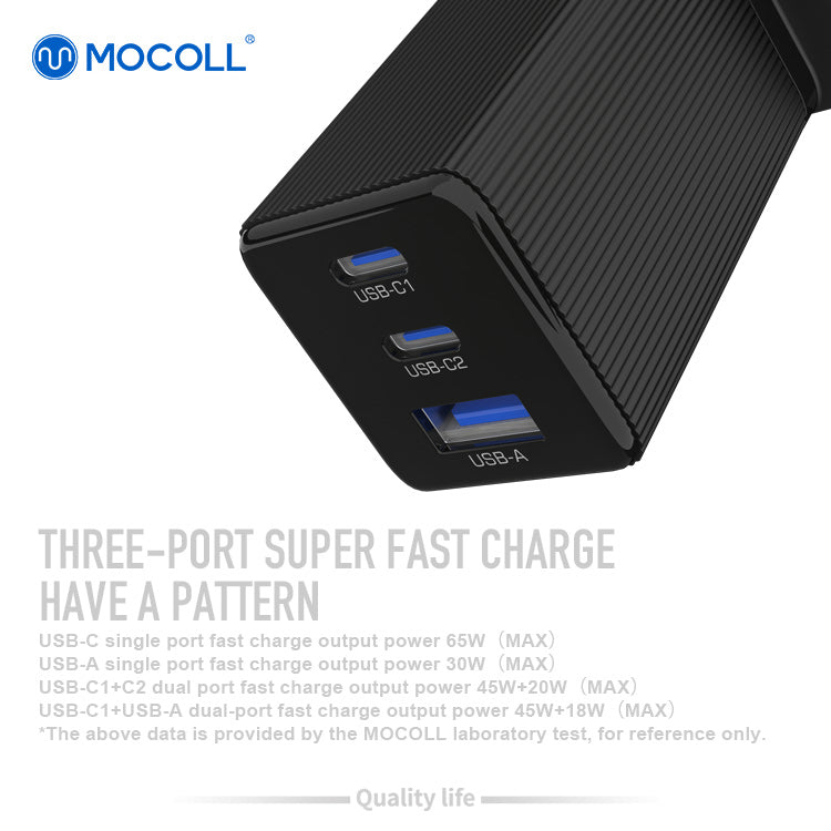 MOCOLL 65W GaN Fast Charging Adapter Set – UK Plug, USB-C PD 3.0, Includes Cable & Storage Bag, Compact Travel Charger for Laptops, Tablets, and Smartphones- Black