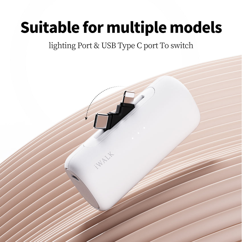 iWALK LinkPod Switch | 5000mAh, Rotary Portable Power Bank, USB-C & Lightning two Plug to Switch Freely, Two-Way 15W PD fast Charging White