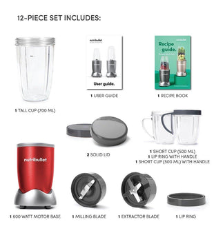 NutriBullet Pro 600W Blender, 12-Piece Set, Red (NBR-1212R) - High-Speed Blending & Nutrient Extraction
