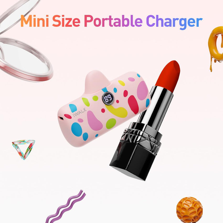 iWALK USB C Portable Charger with Colorful Pattern, 20W PD Fast Charging 4800mAh Small Power Bank with LED Display, Compatible with iPhone 16/15, 16/15 Plus, 16/15 Pro Max, iPad, Airpods, Pink