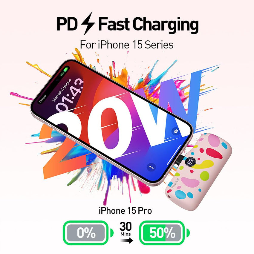 iWALK USB C Portable Charger with Colorful Pattern, 20W PD Fast Charging 4800mAh Small Power Bank with LED Display, Compatible with iPhone 16/15, 16/15 Plus, 16/15 Pro Max, iPad, Airpods, Pink