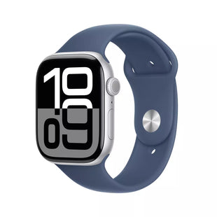 ساعة Apple Watch Series 10 GPS مقاس 46 مم، هيكل من الألومنيوم الفضي مع سوار رياضي من قماش الدنيم - مقاس متوسط/كبير 