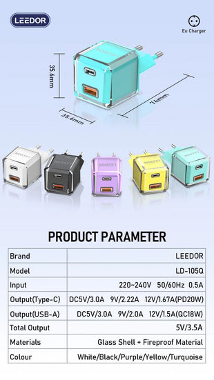 LEEDOR PD20W+QC18W Fast Charge Five Colors Home Charger  LD-105Q