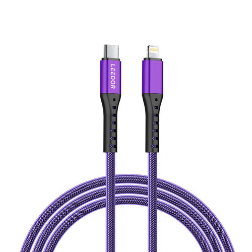 LEEDOR Nylon 3A Fast Charge USB-C to Lightning Data Cable - 1.2M / 27W / Purple / Black