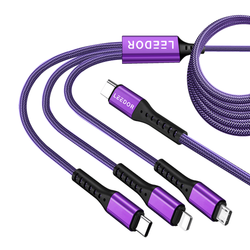 LEEDOR LD-009Q 3-in-1 Fast Charging data Cable - 60W / 3 Meter / Type-C / Lightning / Micro USB / Black / PURPLE
