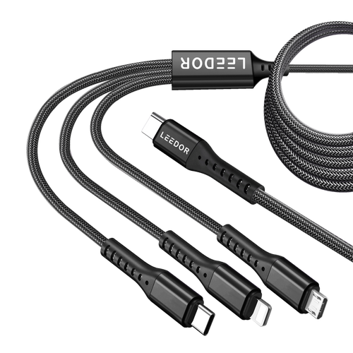 LEEDOR LD-009Q 3-in-1 Fast Charging data Cable - 60W / 1.5 Meter / Type-C / Lightning / Micro USB / Black / PURPLE