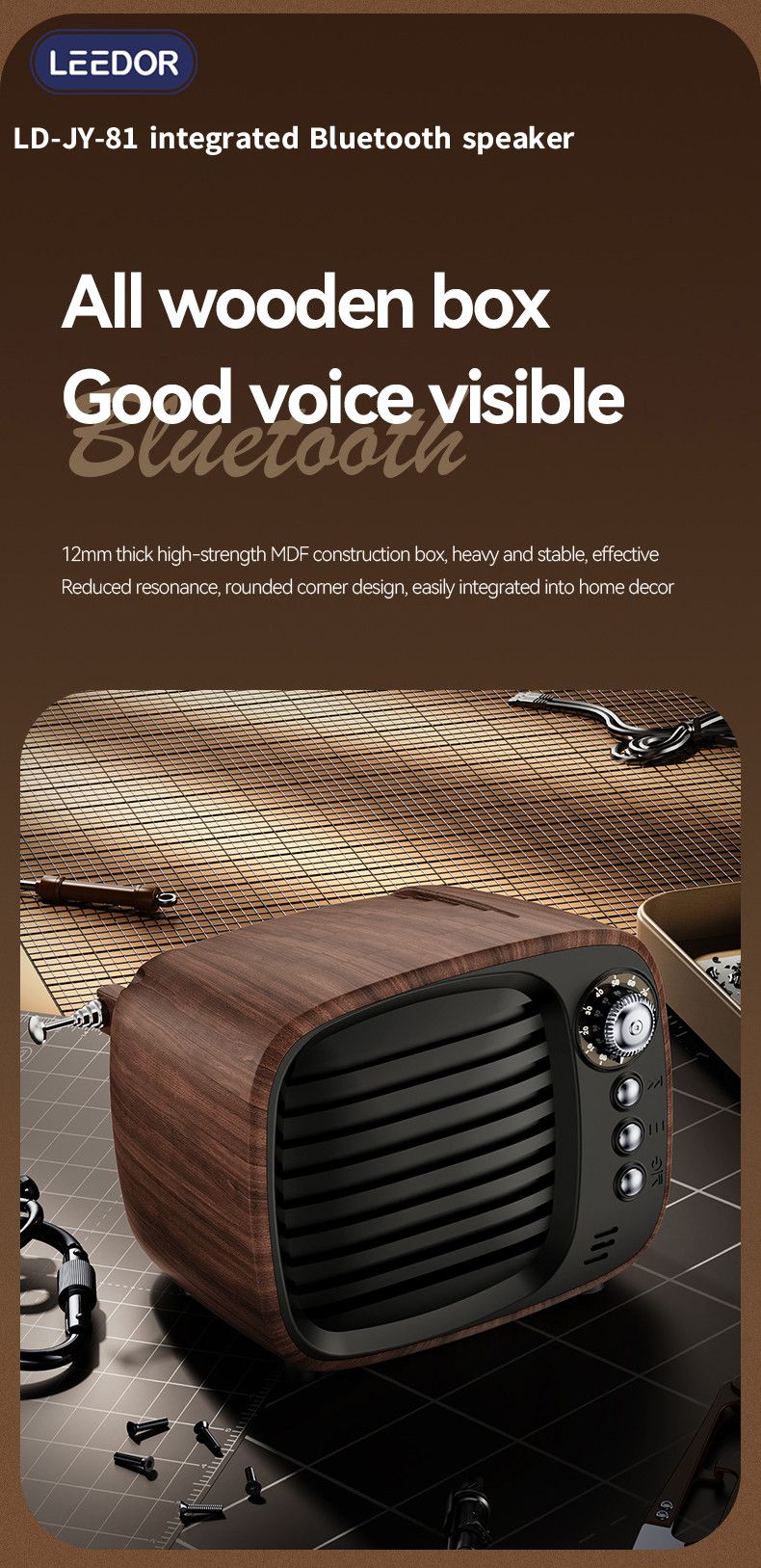 LEEDOR New Mini Wood Grain Retro Heavy Bass Wireless Card Insertion Portable Bluetooth Speaker LD-JY-81