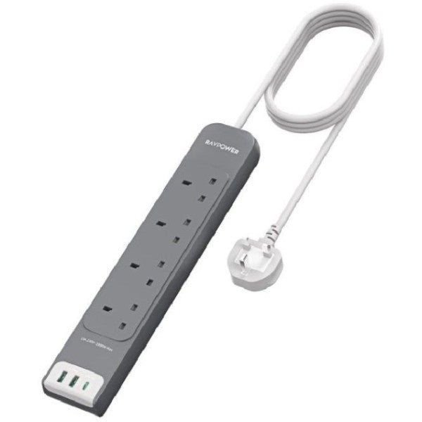 RAVPower RP-PC1039 4 Outlets Power Strip Gray UK Version 3m with USB Port gray