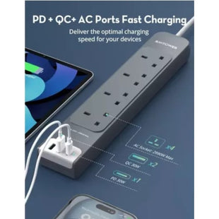 RAVPower RP-PC1039 4 Outlets Power Strip Gray UK Version 3m with USB Port gray