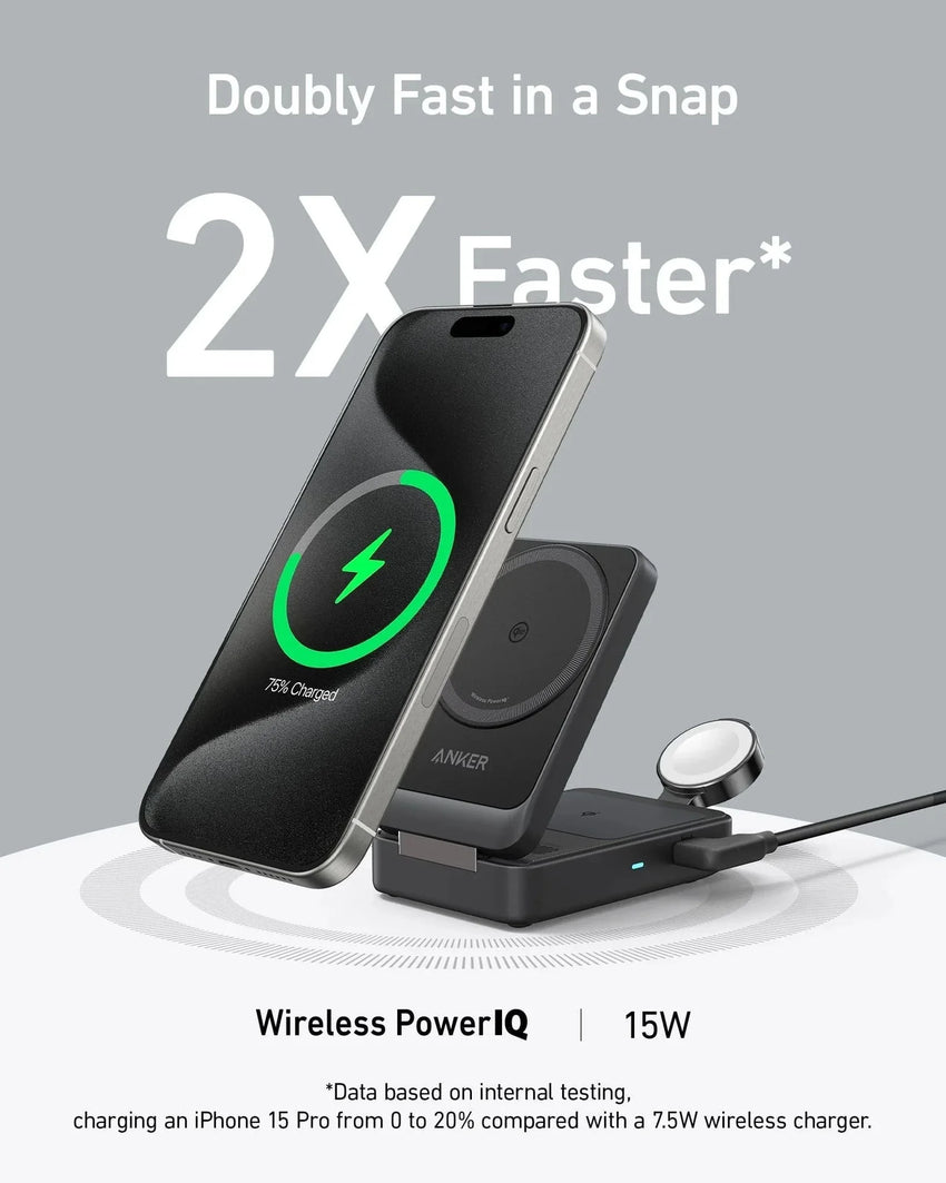Anker MagGo Wireless Charging Station (15W, Foldable 3-in-1) -Black