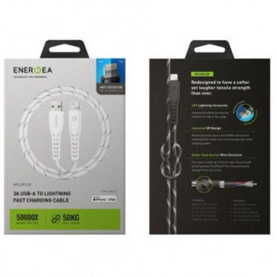 ENERGEA NYLOFLEX CABLE, CHARGE AND SYNC TOUGH LIGHTNING C89 MFI 1.5M – WHITE