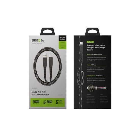 ENERGEA NYLOFLEX USB2.0 USB-A TO USB-C 5A UNIVERSAL CABLE 1.5M BLACK