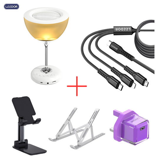 Leedor Accessory Bundle – Phone Stand + Power Adapter + 3 in 1 USB Cable 1.5m + Speaker Lamp + Notebook Support Laptop Stand