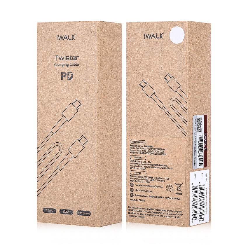 iWALK Twister 60W, Length 2 Meter, Skin Friendly Silicon Charging & Data Cable - White