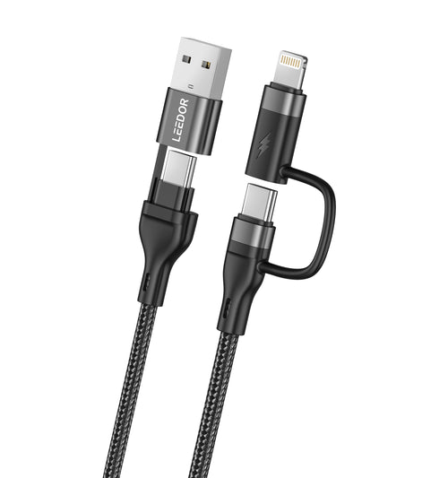 LEEDOR LD-008Q 4-in-1 Fast Charging data Cable - 100W / 1.2 Meter / USB-C / Lightning / USB-A - Black