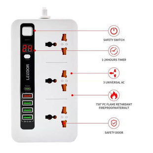 LEEDOR LD-401PD Extension Sockets - 3 Way / 2 Meters / 4x USB Ports / 1 x USB Type-C / Black