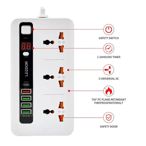 LEEDOR LD-401PD Extension Sockets - 3 Way / 2 Meters / 4x USB Ports / 1 x USB Type-C / Black