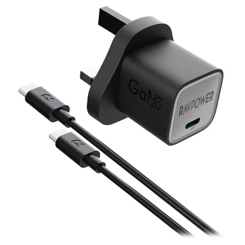 RAVPower RP-PC1057 PD20W Wall Charger + USB C to USB C Cable BLACK