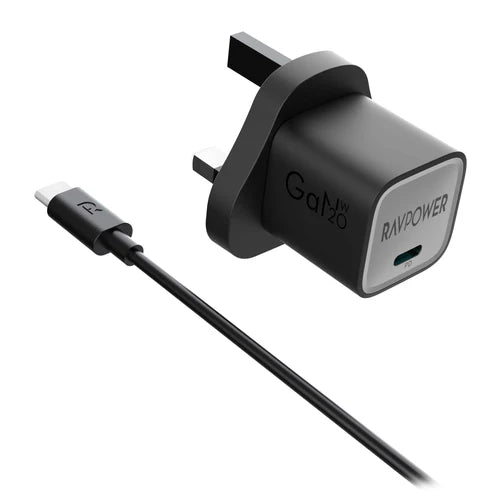 RAVPower RP-PC1057 PD20W Wall Charger + USB C to USB C Cable BLACK