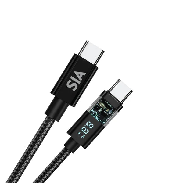 SIA BRAIDED TYPE-C TO TYPE-C CABLE 60W 1.2M TRANSPARENT SHELL WITH DIGITAL DISPLAY
