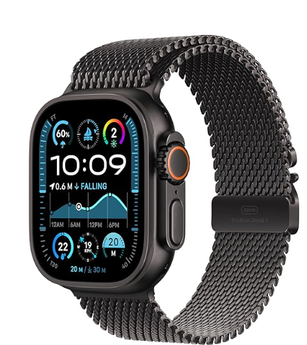 Apple Watch Ultra 2 [GPS + Cellular 49 mm] Smartwatch, Sports Watch with Black Titanium Case with Black Titanium Milanese Loop - L. Fitness Tracker, Precision GPS, Action Button, Carbon Neutral